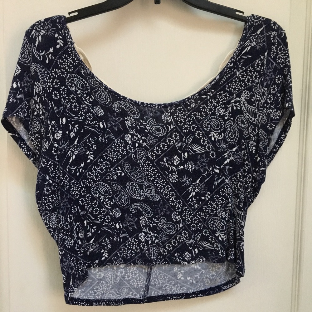 Navy Blue with Cream Detailed Back Crop Top